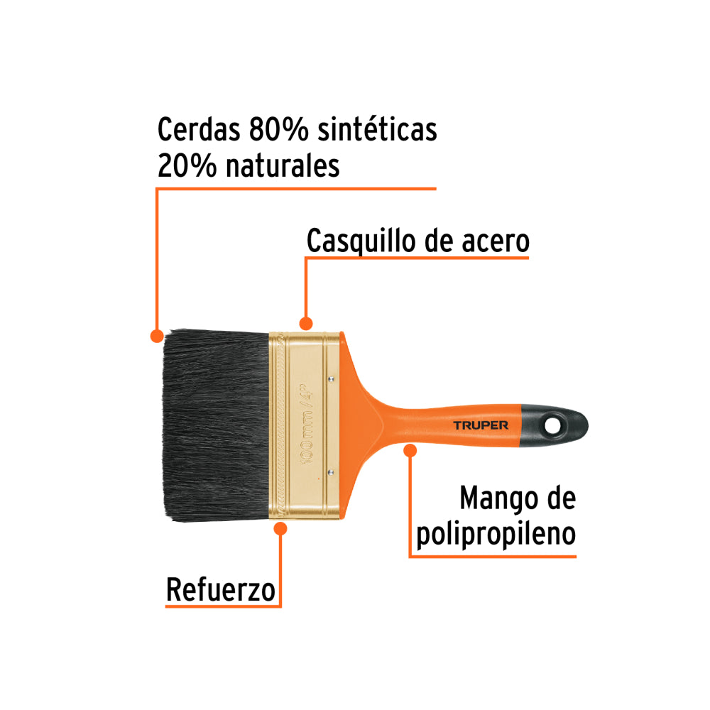 Brocha profesional de 4" con mango de plástico, Truper - Código: 14486