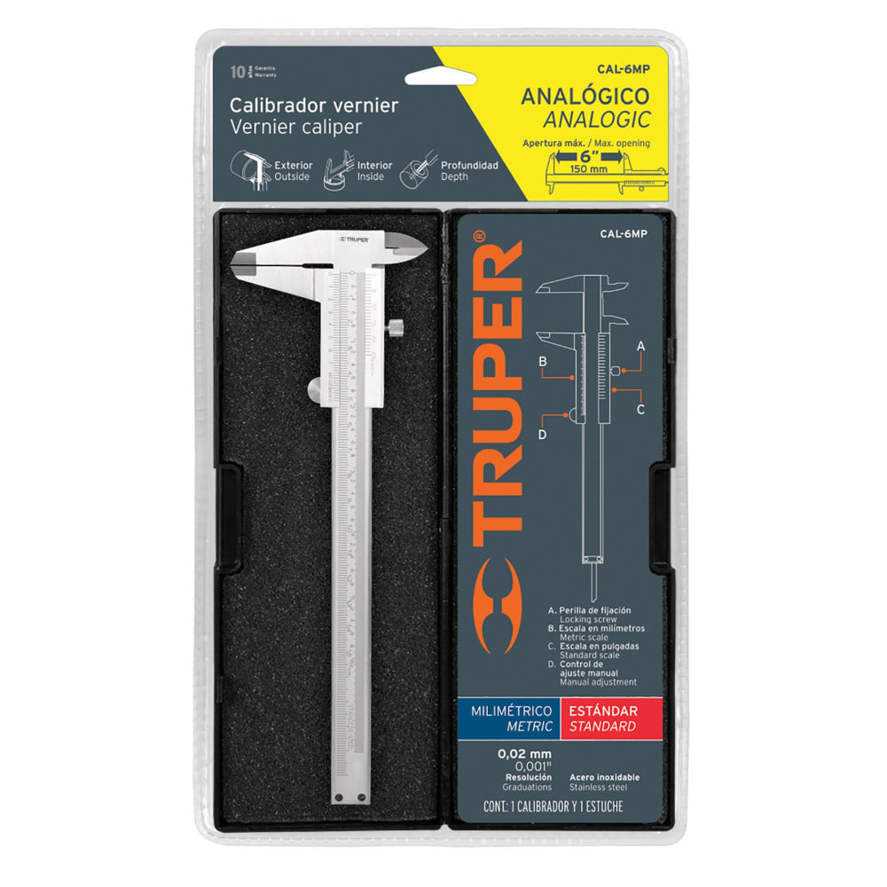 Calibrador vernier analógico 6" acero inox, std y mm, Truper - Código: 14394