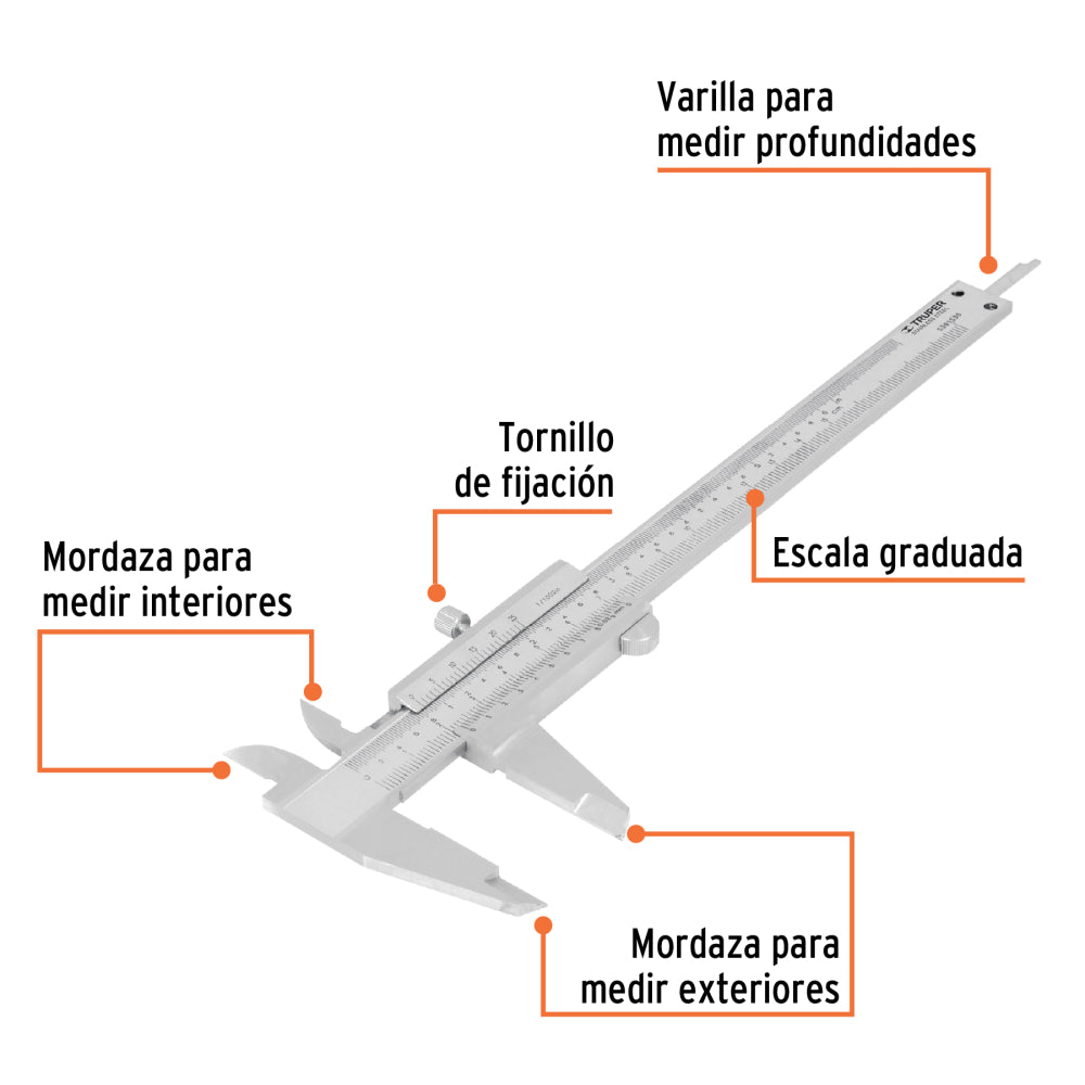 Calibrador vernier analógico 6" acero inox, std y mm, Truper - Código: 14394