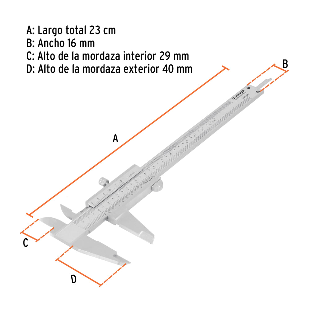 Calibrador vernier analógico 6" acero inox, std y mm, Truper - Código: 14394