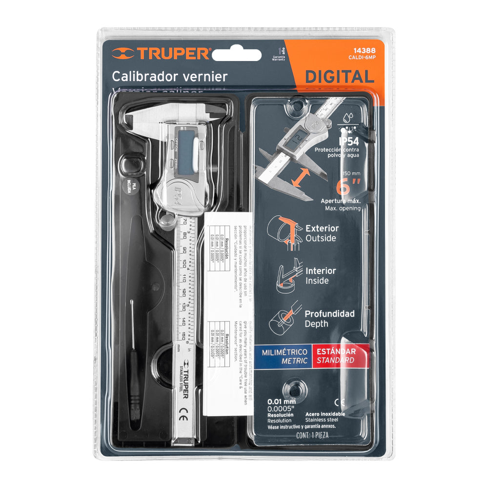 Calibrador vernier digital 6" acero inox, std y mm, Truper - CÓDIGO: 14388