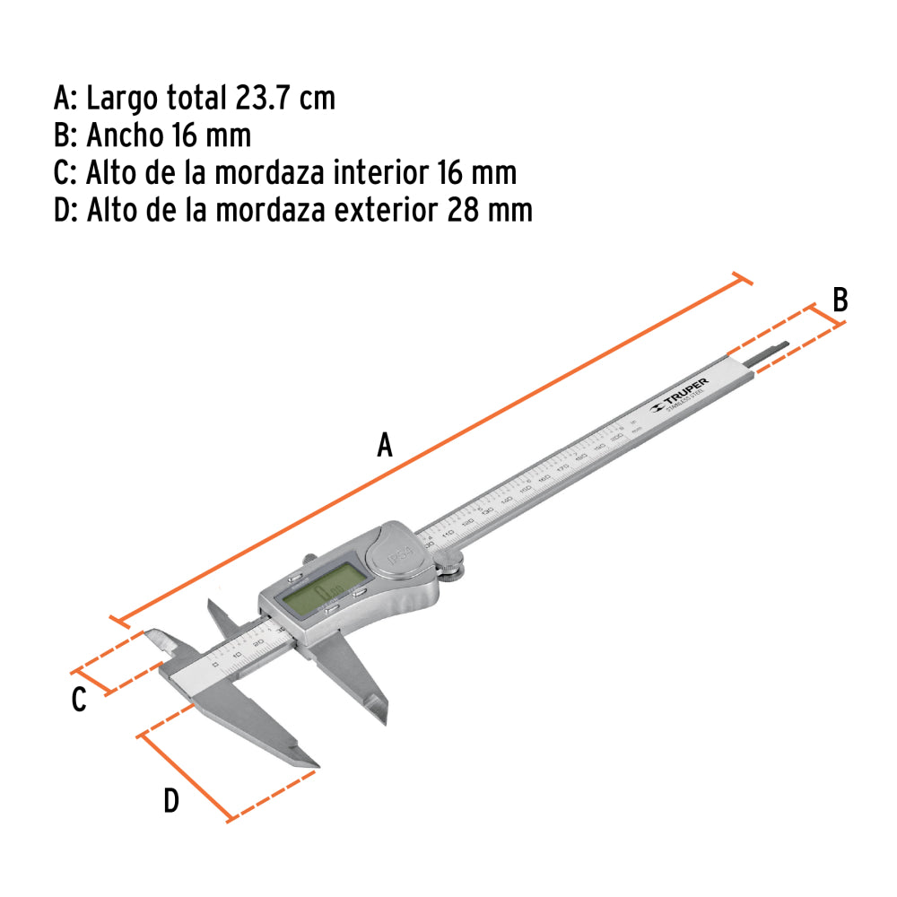 Calibrador vernier digital 6" acero inox, std y mm, Truper - CÓDIGO: 14388