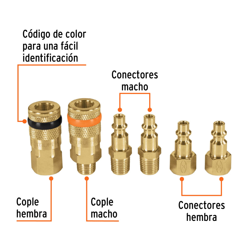 Juego de 4 conectores rápidos y 2 coples, de latón, TRUPER - Cod: 18075