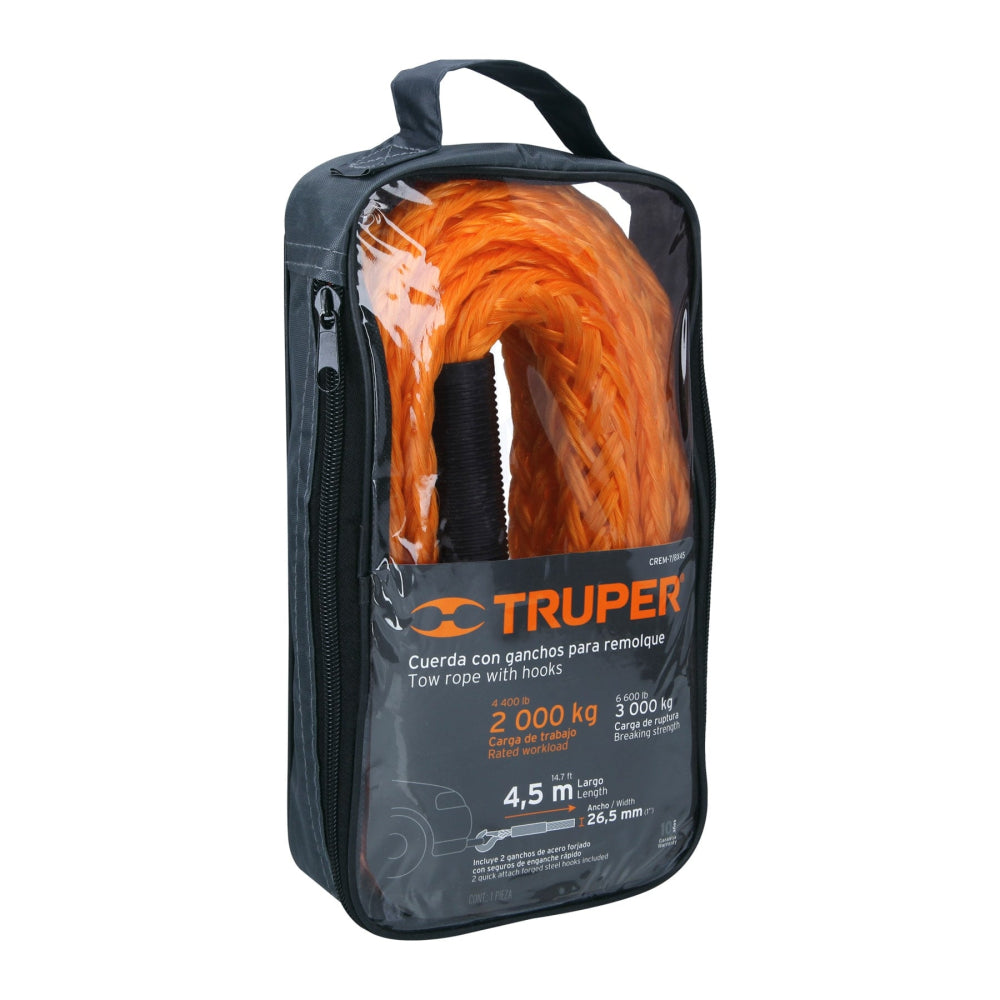 Cuerda con ganchos para remolque, 27 mm x 4.5 m, Truper - CÓDIGO: 18346