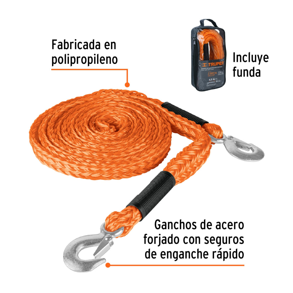 Cuerda con ganchos para remolque, 27 mm x 4.5 m, Truper - CÓDIGO: 18346