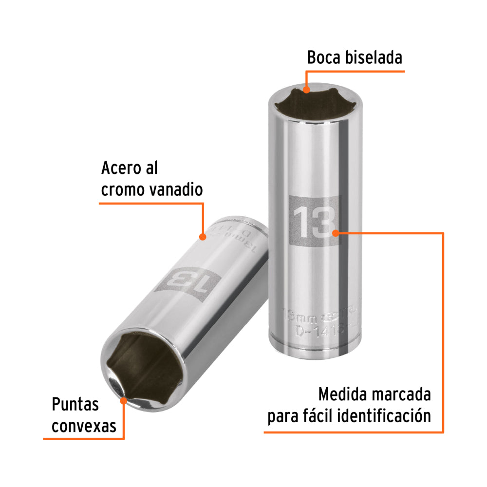 Dado largo de 13 mm, 6 puntas, cuadro 1/4", Truper - CÓDIGO: 13207