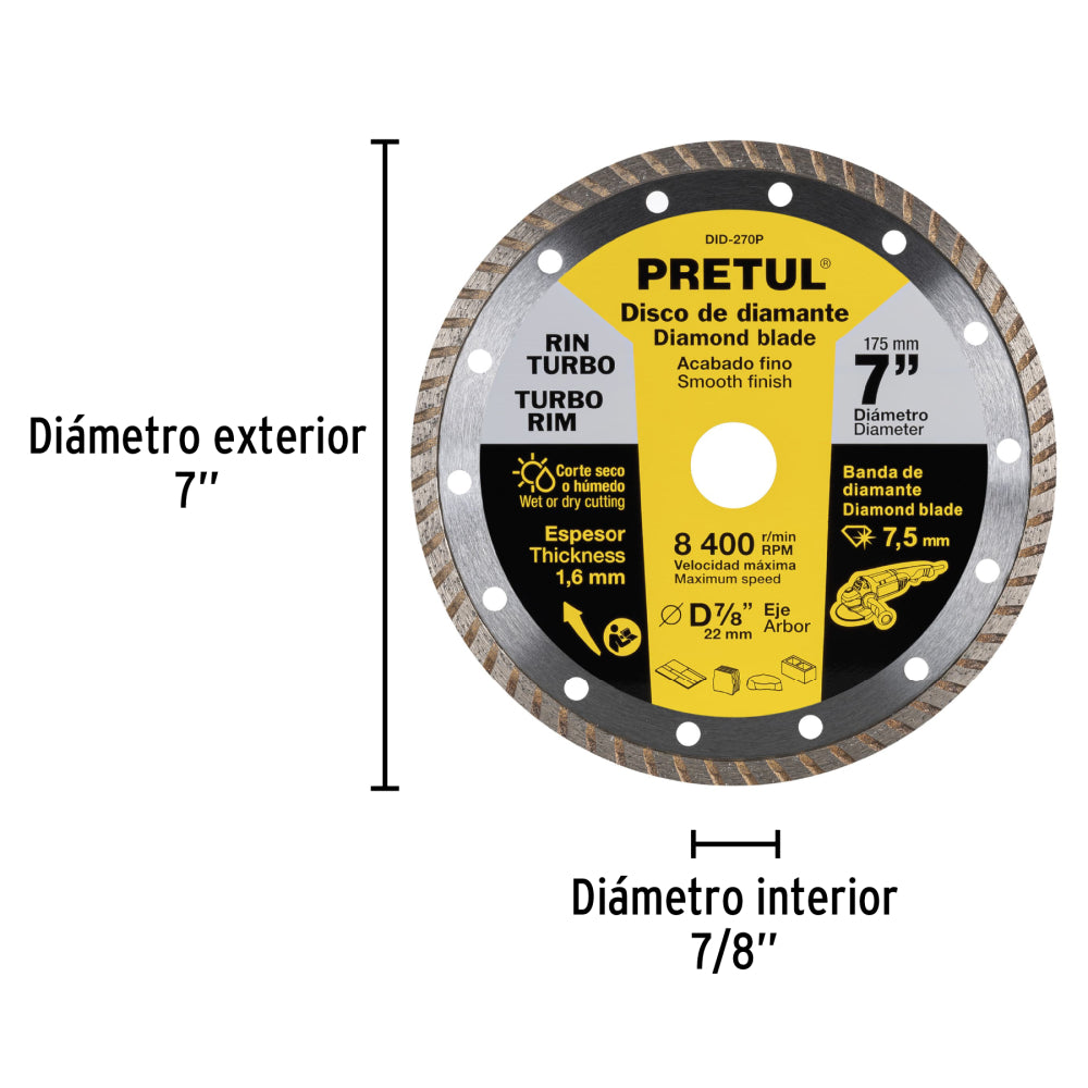 Disco de diamante de 7" x 1.6 mm, rin turbo, PRETUL - CÓDIGO: 27018