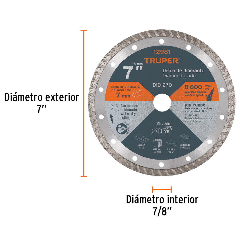 Disco de diamante de 7" x 2.8 mm, rin turbo, TRUPER