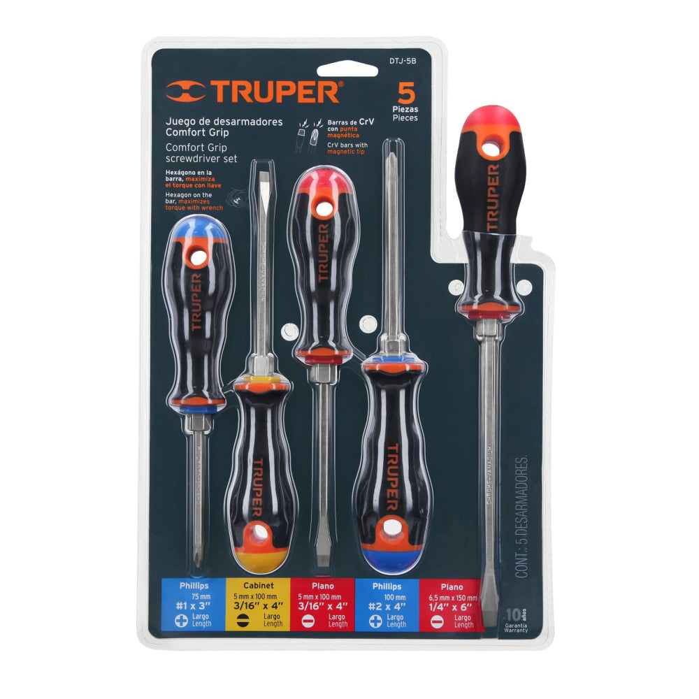 Juego de 5 desarmadores mango Comfort Grip, Truper - Código: 14138