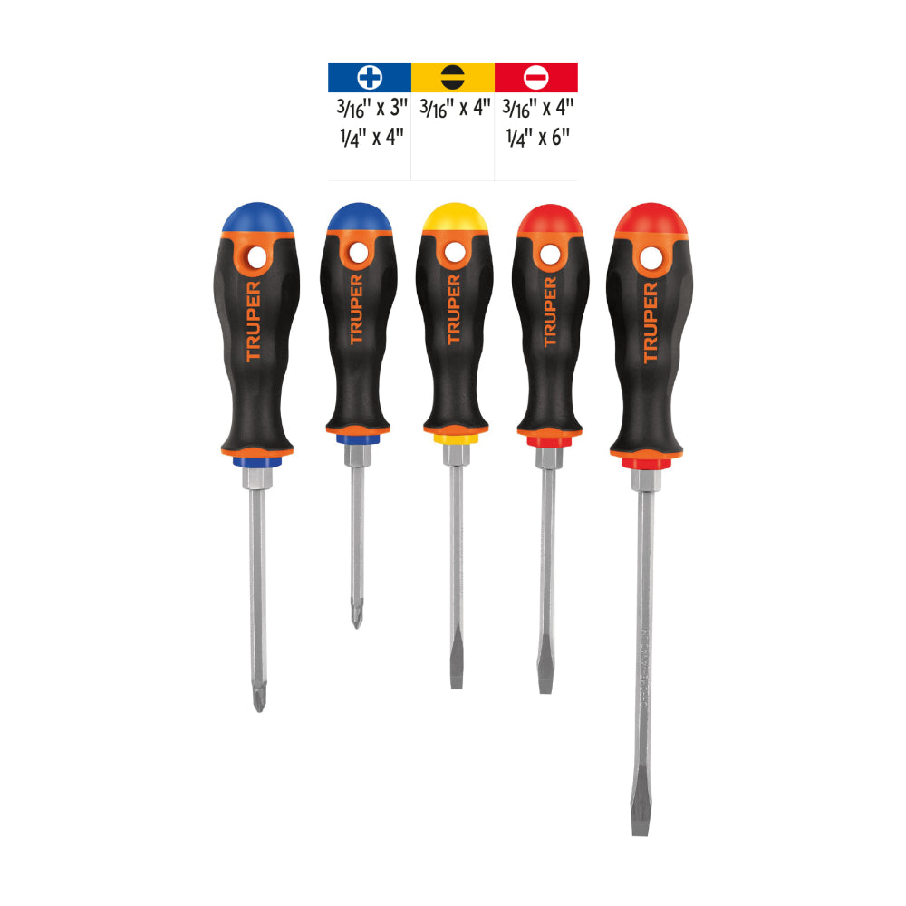 Juego de 5 desarmadores mango Comfort Grip, Truper - Código: 14138