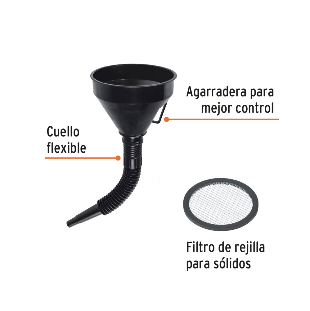 Embudo plástico 500 ml, cuello flexible con filtro, Truper