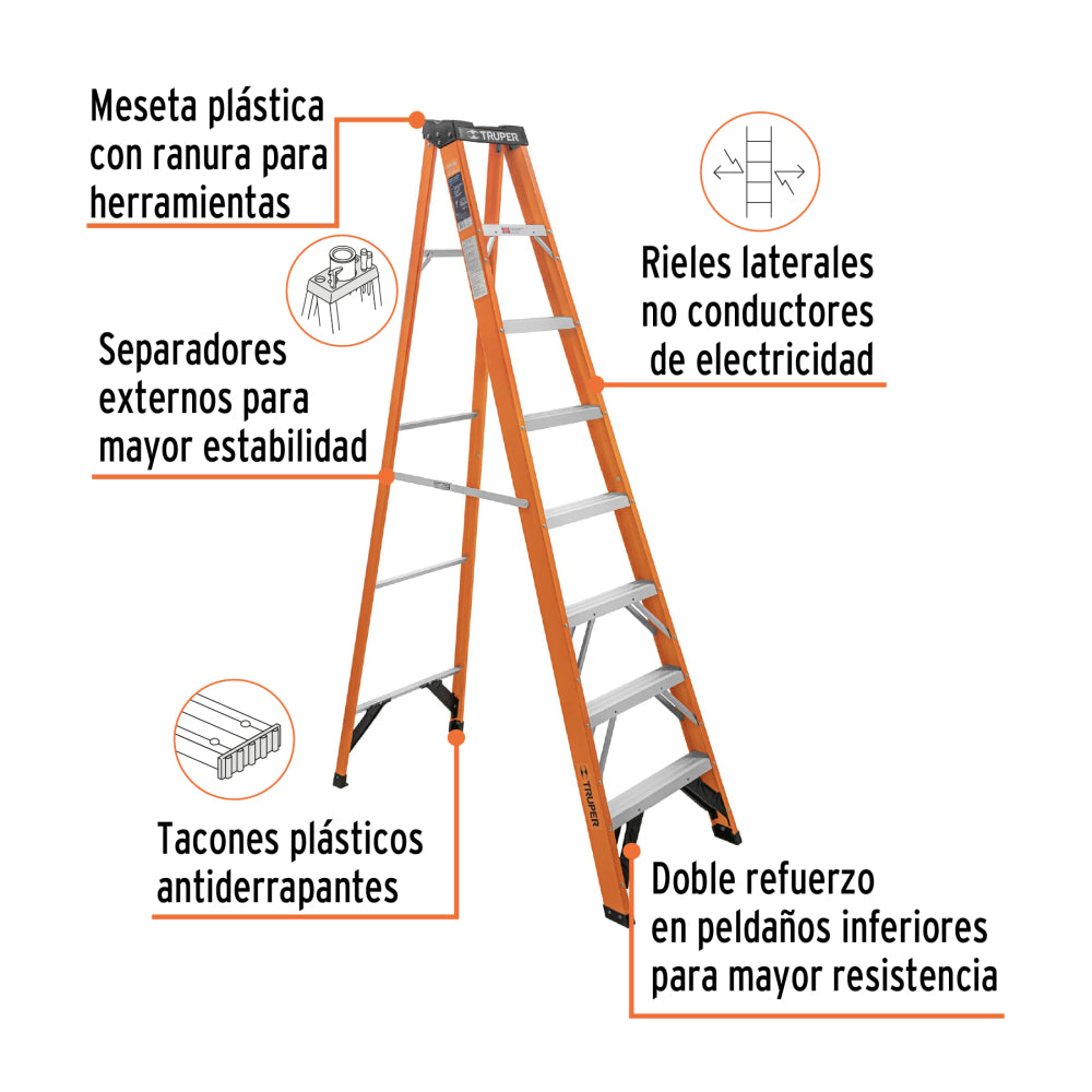 Escalera de tijera, tipo ll, 7 peldaños, fibra de vidrio - CÓDIGO: 100227