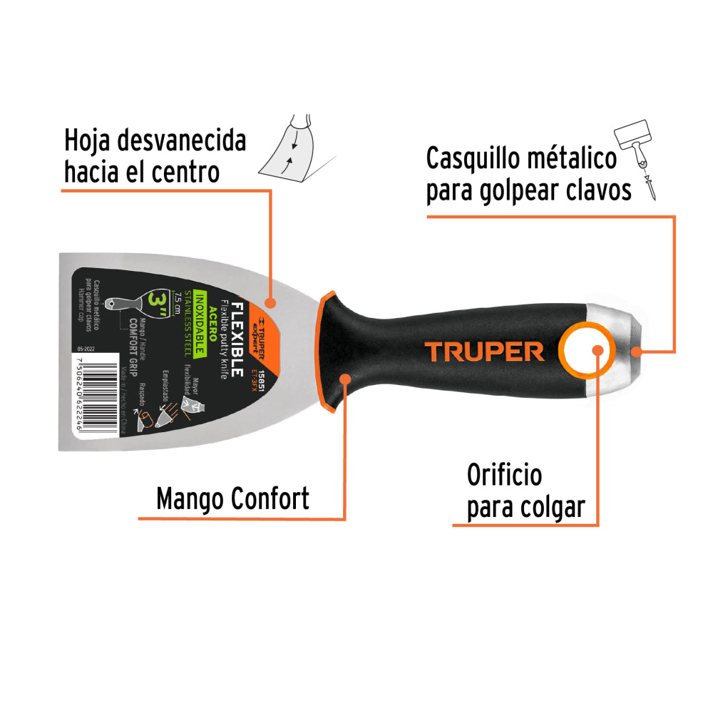 Espátula flexible 3" acero inox. mango Comfort Grip, Expert Código: 15851