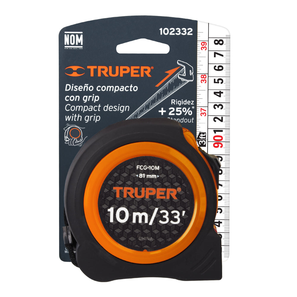 Flexómetro compacto contra impactos 10 m cinta 25 mm, TRUPER - CÓDIGO: 102332
