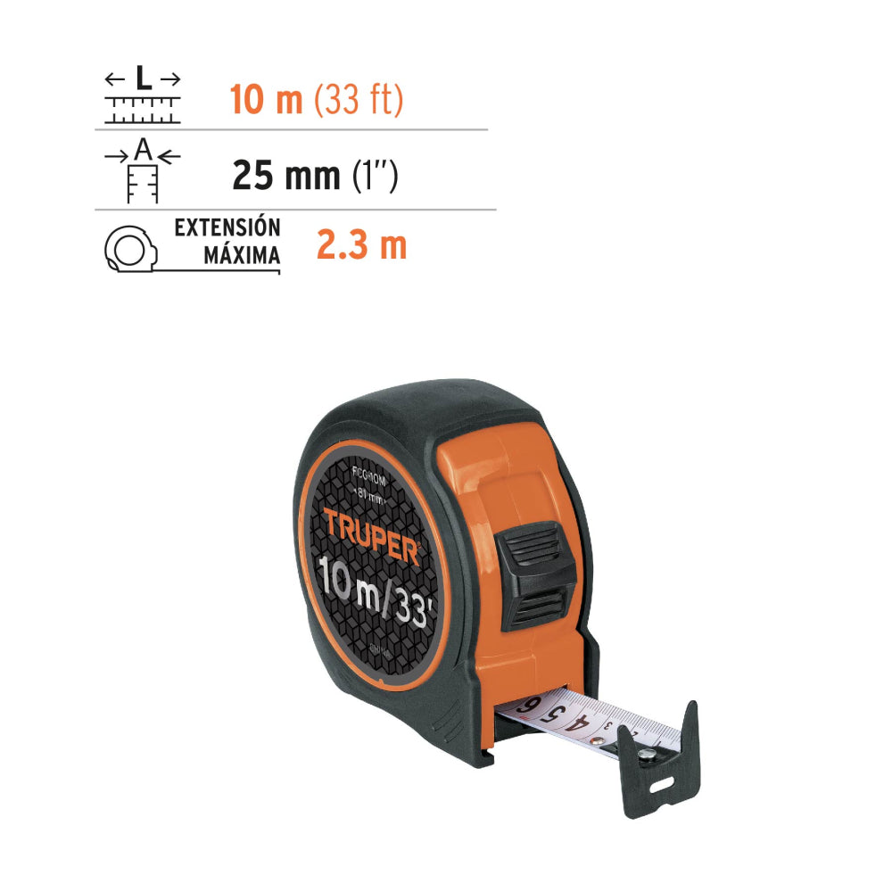 Flexómetro compacto contra impactos 10 m cinta 25 mm, TRUPER - CÓDIGO: 102332