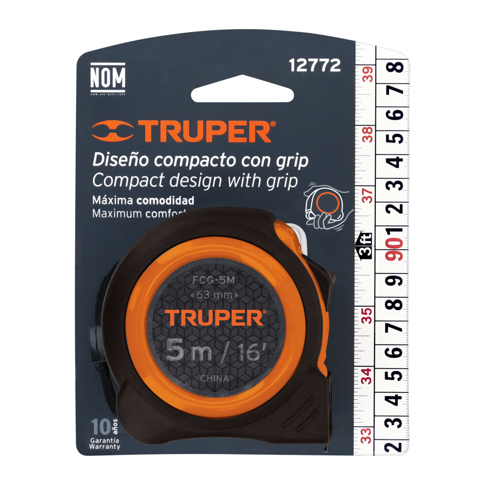 Flexómetro compacto contra impactos 5 m cinta 19 mm, TRUPER