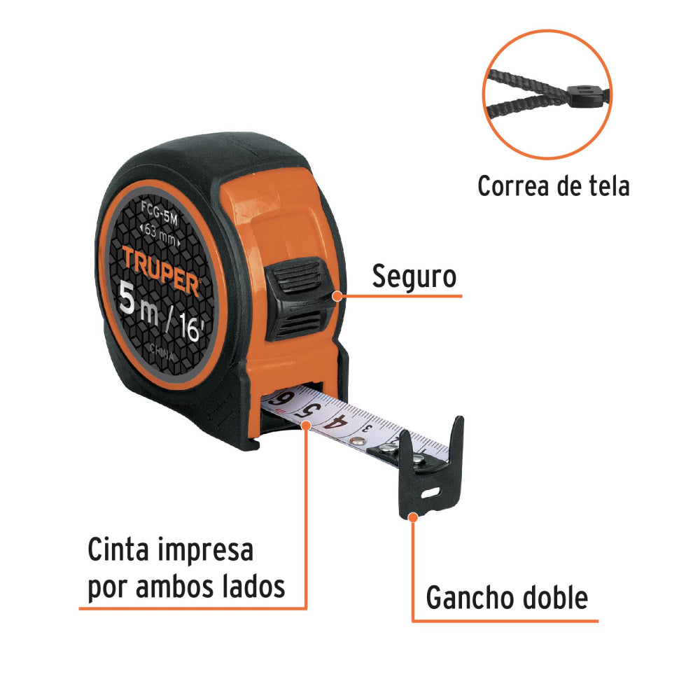 Flexómetro compacto contra impactos 5 m cinta 19 mm, TRUPER