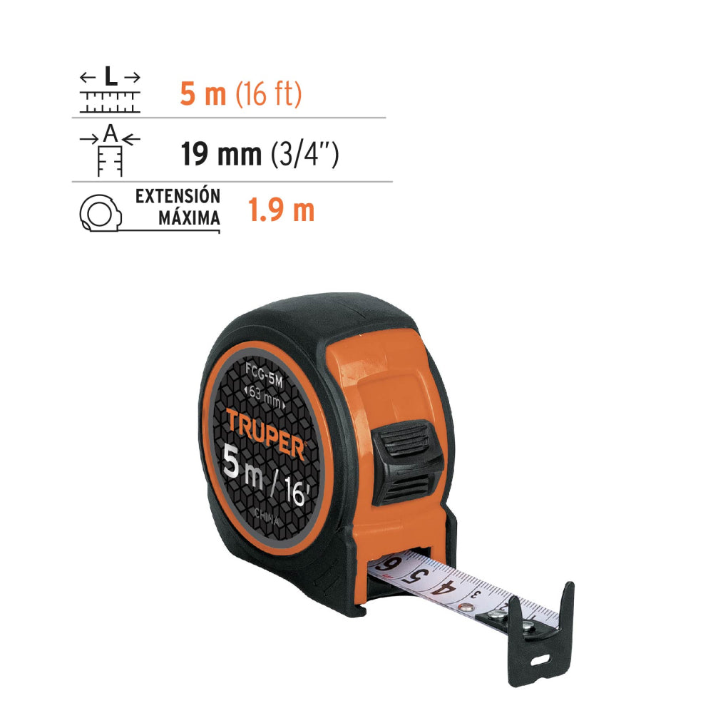 Flexómetro compacto contra impactos 5 m cinta 19 mm, TRUPER