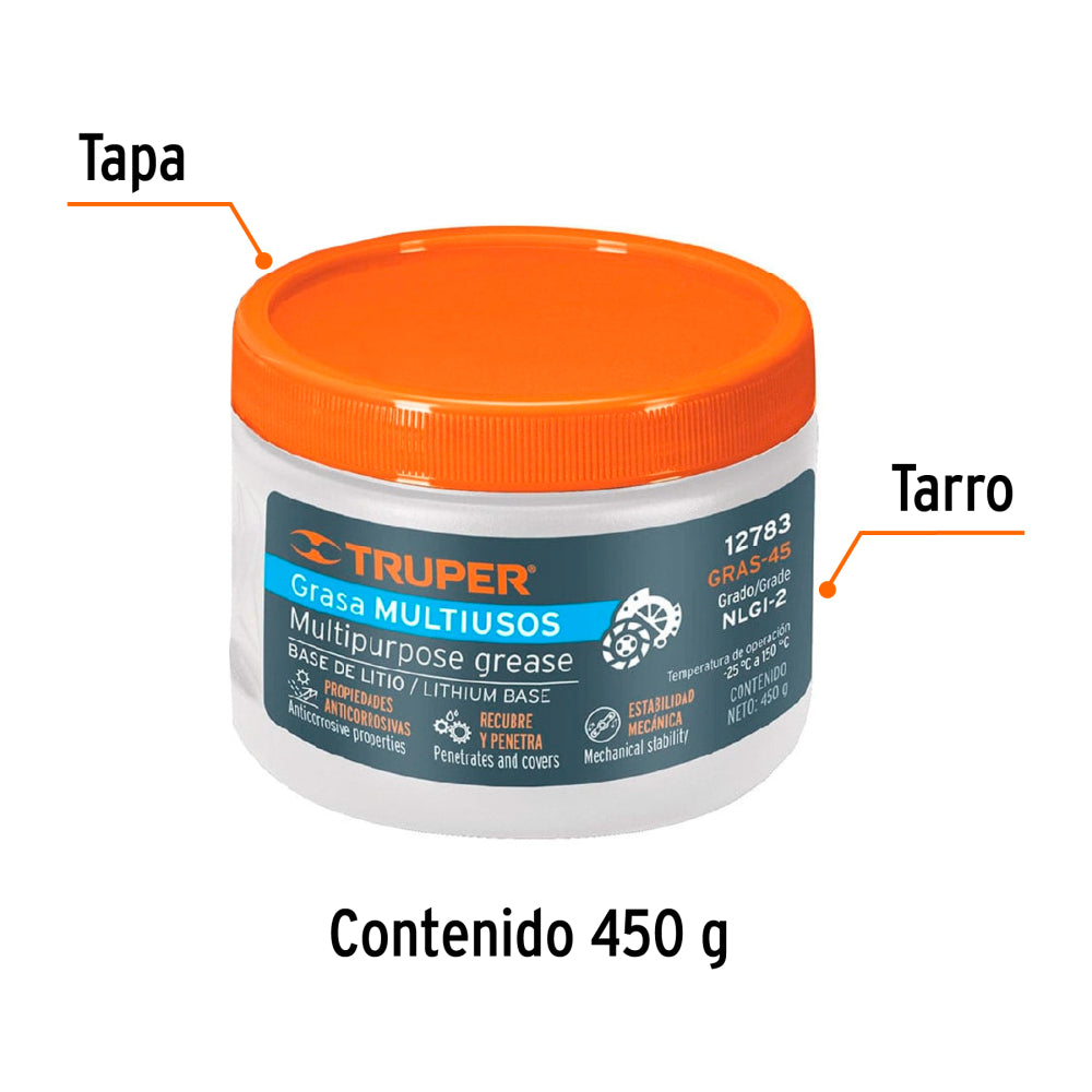 Grasa lubricante multiusos, base litio, 450 g, Truper - Código: 12783