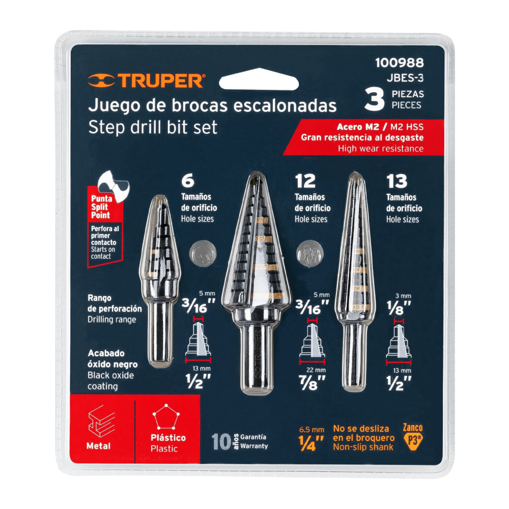 Juego de 3 brocas escalonadas de óxido negro, Truper - CÓDIGO: 100988