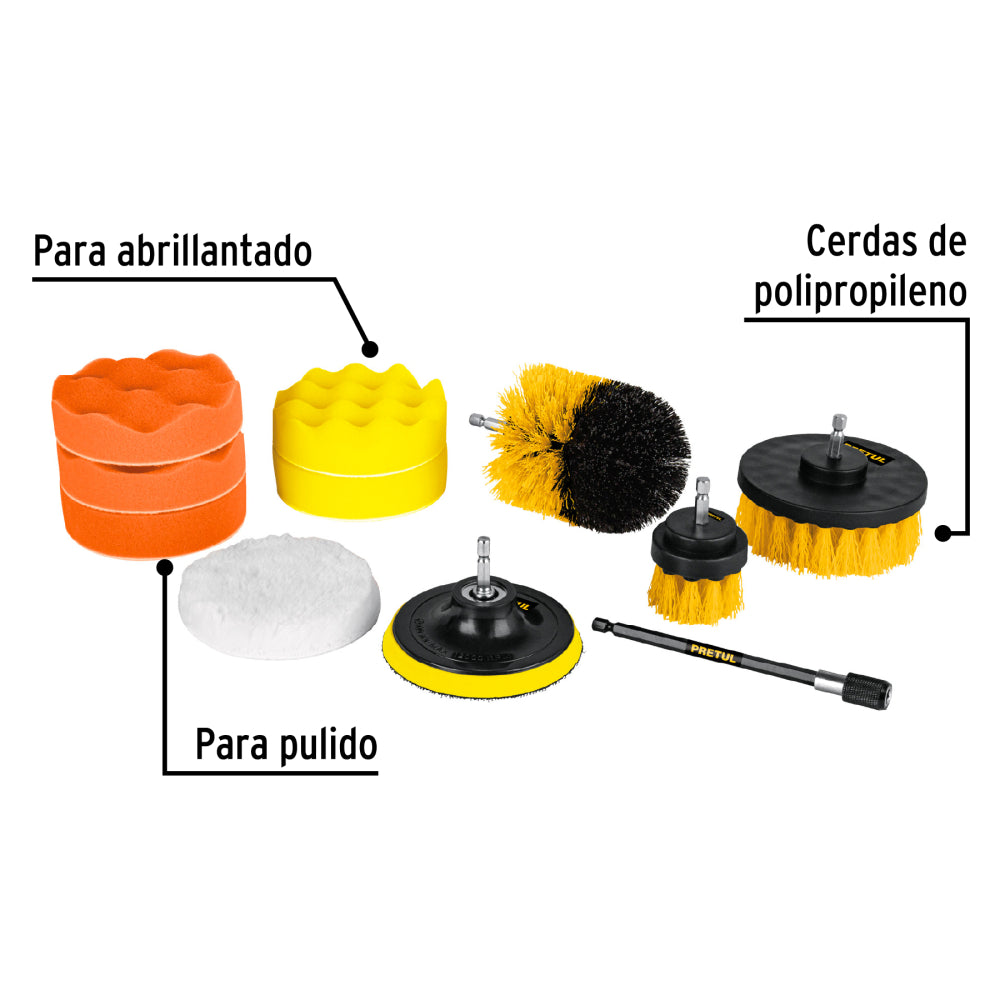 Juego 11 accesorios de limpieza y pulido p/taladro, Pretul - CÓDIGO: 27190