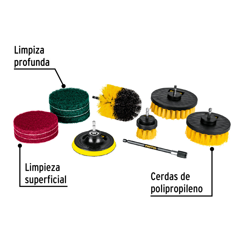 Juego 12 accesorios de limpieza y asentado p/taladro, Pretul - CÓDIGO: 27191