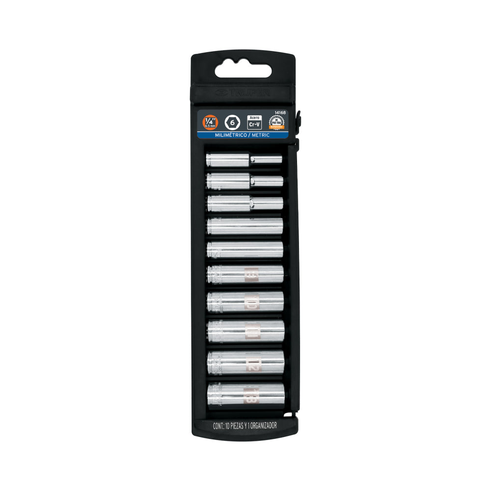 Juego de 10 dados largos cuadro 1/4" mm, Truper - Código: 14168