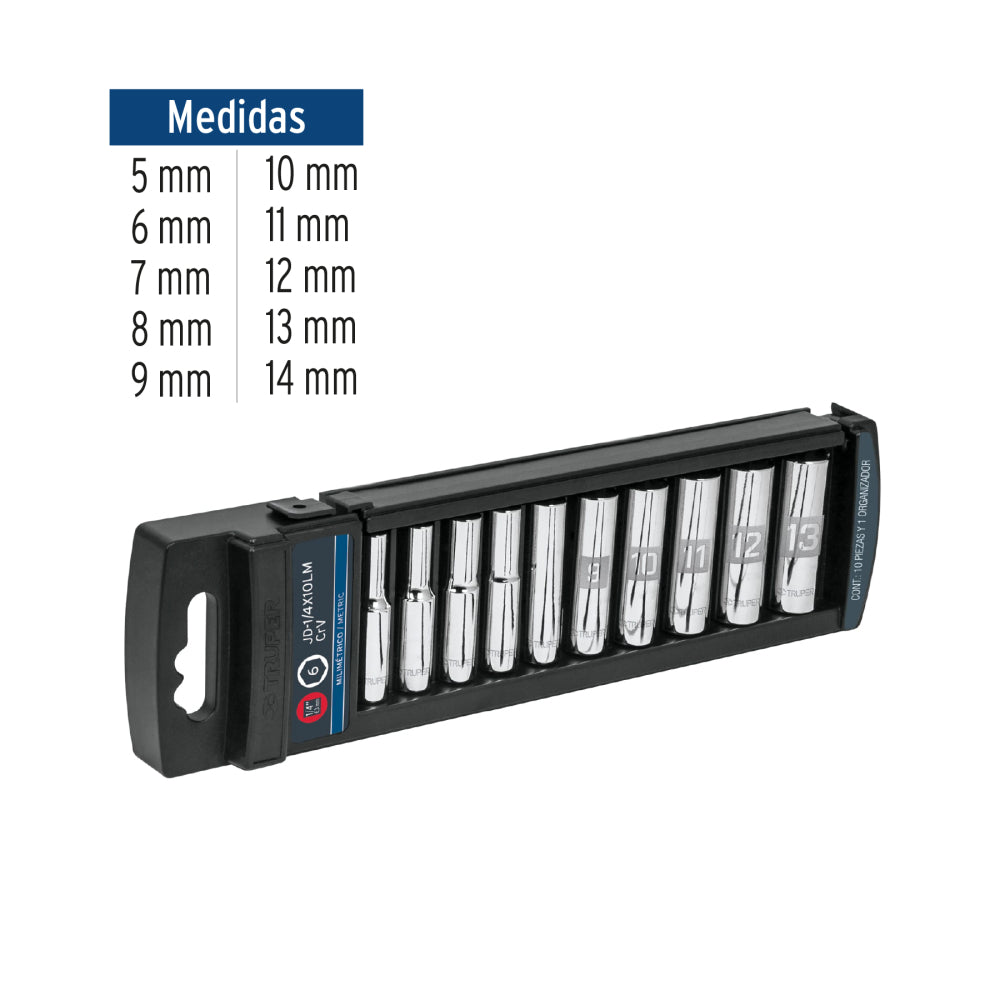 Juego de 10 dados largos cuadro 1/4" mm, Truper - Código: 14168