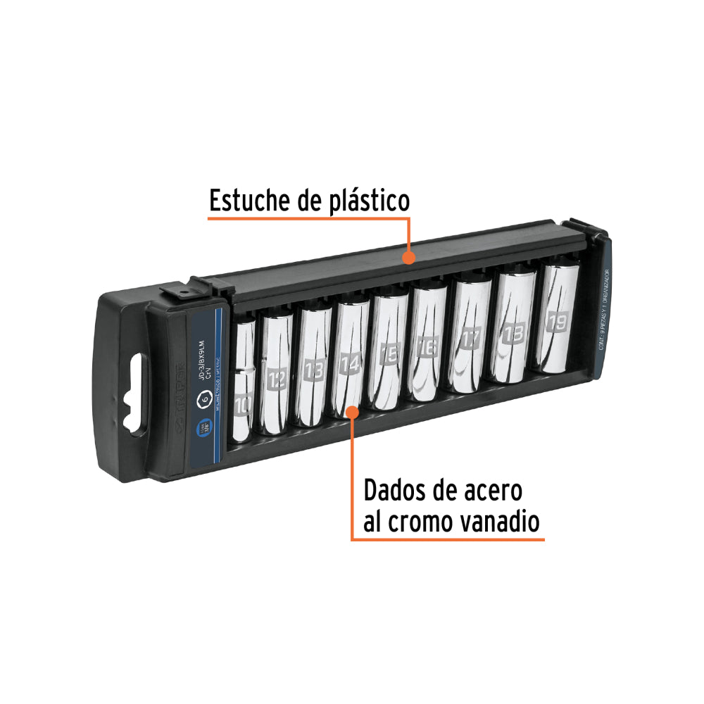 Juego de 9 dados largos cuadro 3/8" mm, Truper - Código: 14173