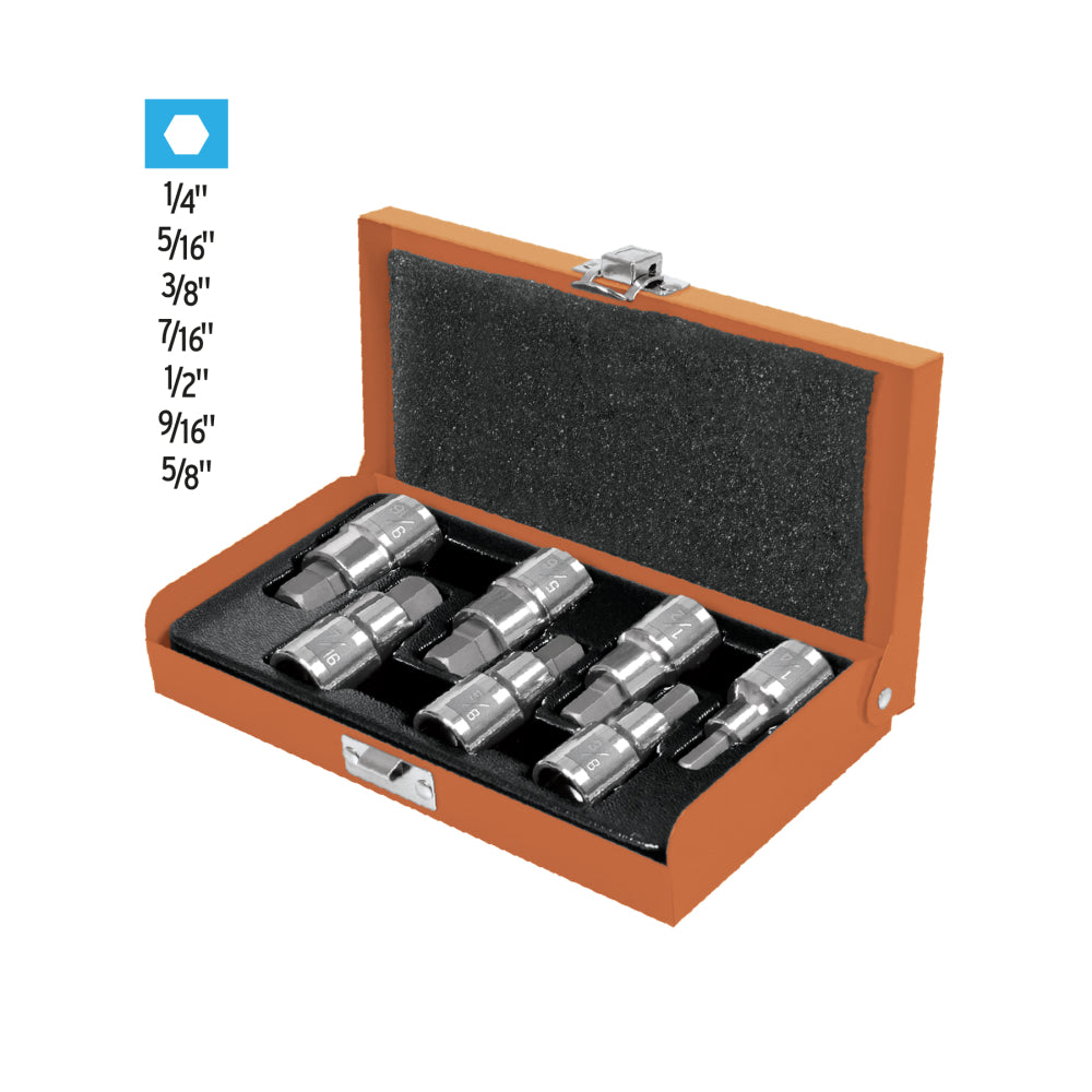 Juego de 7 dados cuadro 1/2" punta hex std, estuche metálico