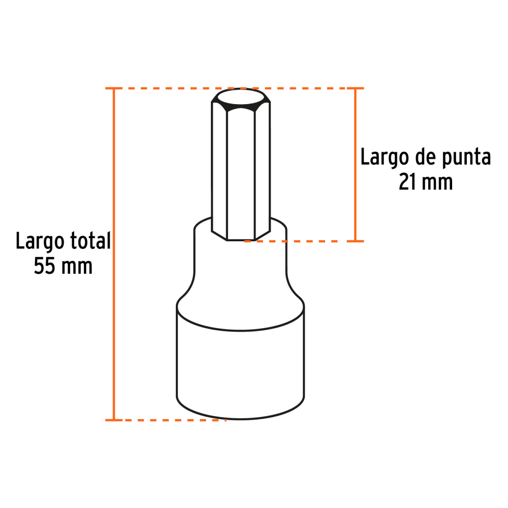 Juego de 7 dados cuadro 1/2" punta hex std, estuche metálico