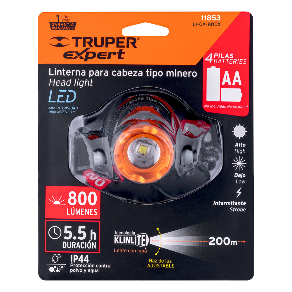 Linterna de minero LED 800 lm, de 4 pilas AA, TRUPER EXPERT