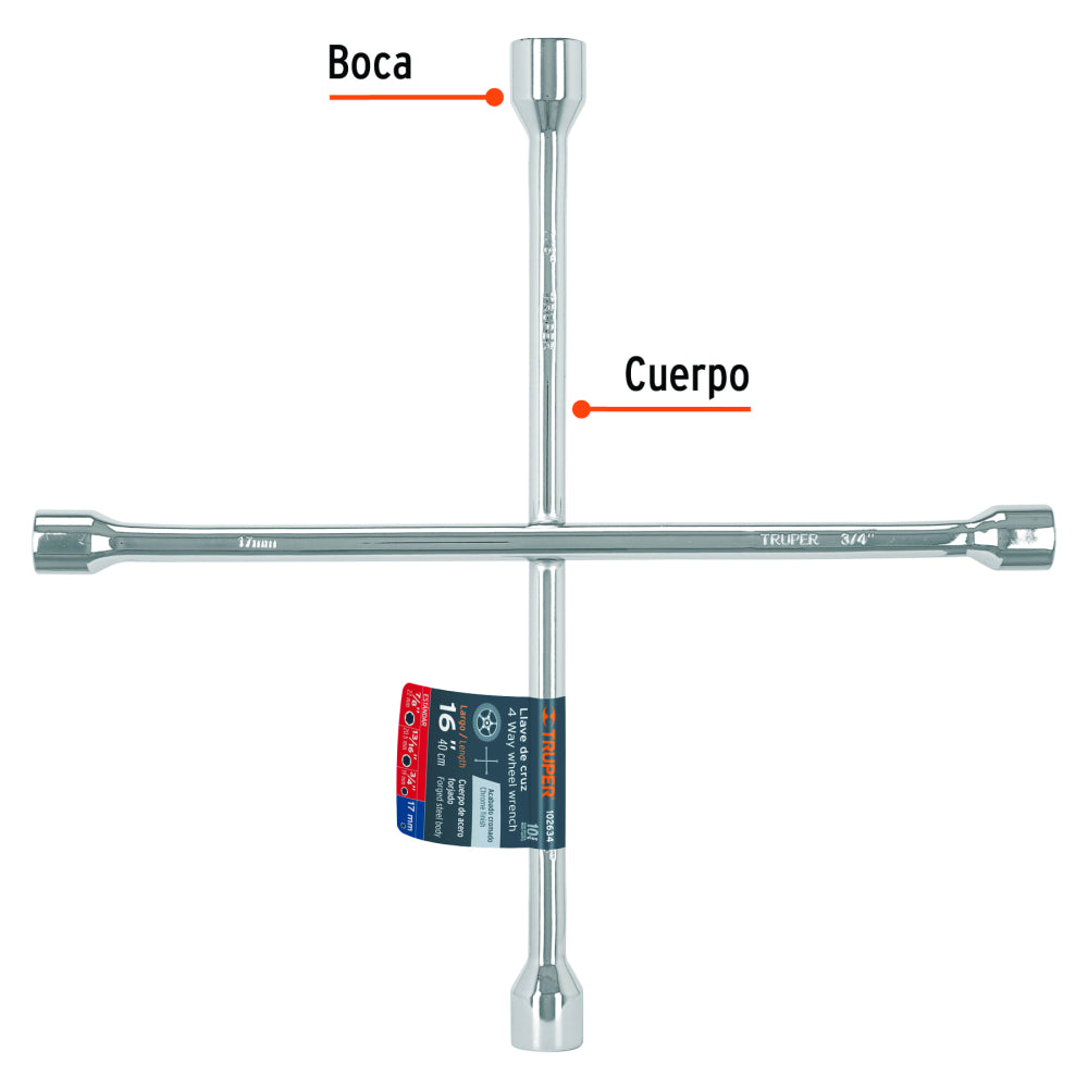 Llave de cruz 16" pulida y cromada, TRUPER - CÓDIGO: 102634