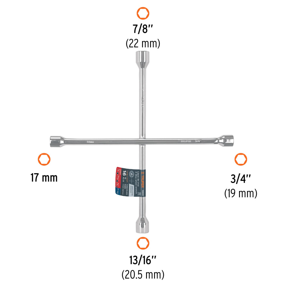 Llave de cruz 16" pulida y cromada, TRUPER - CÓDIGO: 102634