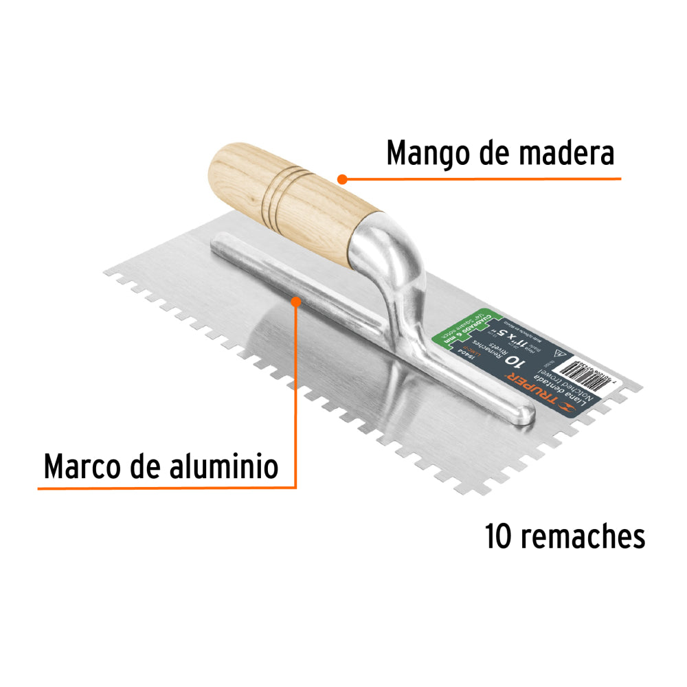 Llana 11" dentado cuadrado 1/4", 10 remaches, mgo madera - Cod: 15404