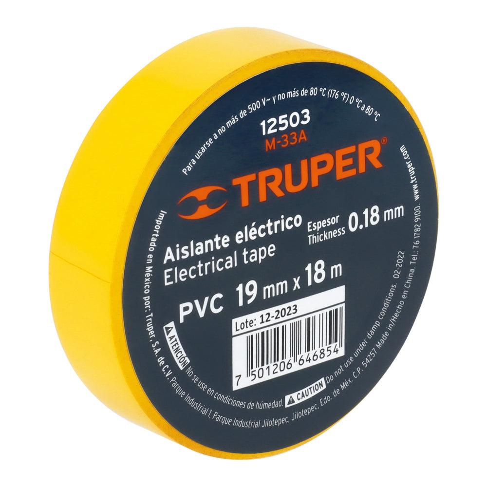 Cinta de aislar de 18 m x 19 mm, amarilla, Truper - CÓDIGO: 12503