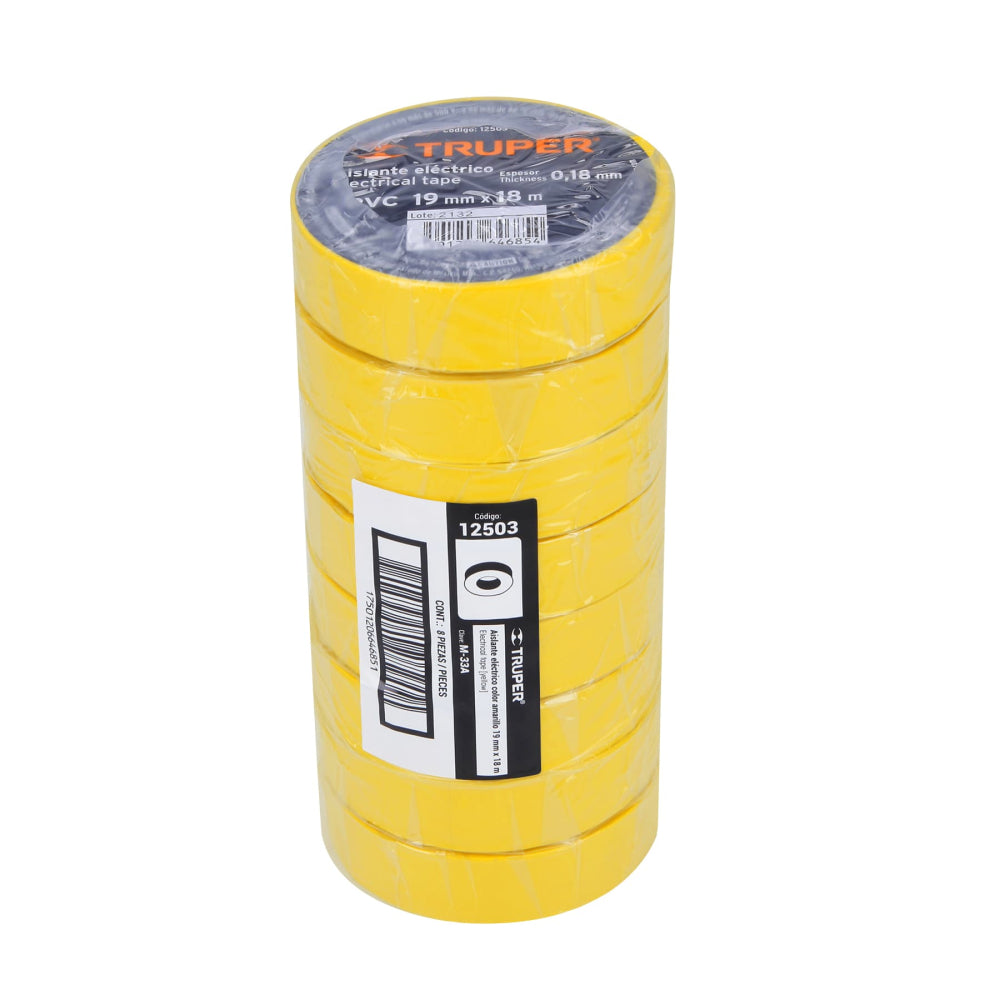 Cinta de aislar de 18 m x 19 mm, amarilla, Truper - CÓDIGO: 12503
