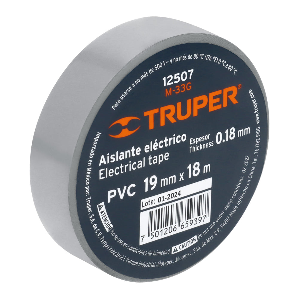 Cinta de aislar de 18 m x 19 mm, gris, Truper - CÓDIGO: 12507