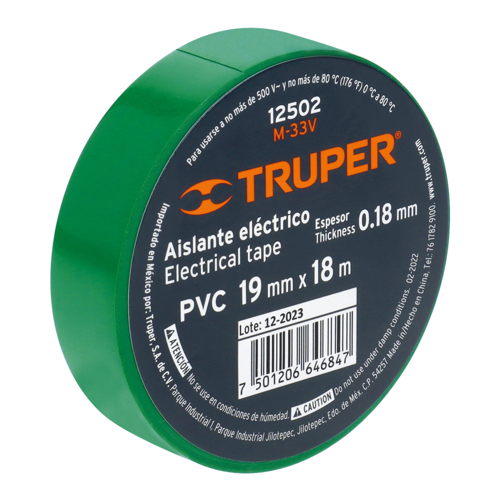 Cinta de aislar de 18 m x 19 mm, verde, Truper - CÓDIGO: 12502