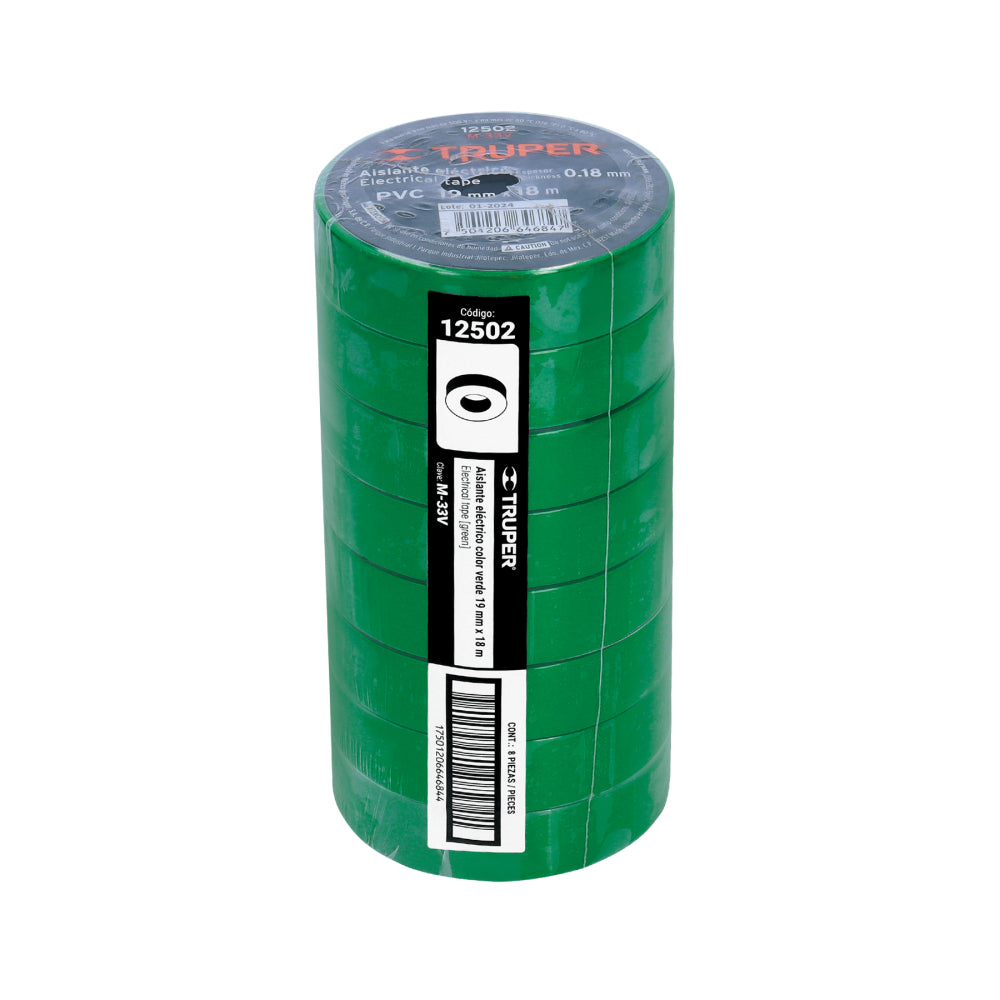 Cinta de aislar de 18 m x 19 mm, verde, Truper - CÓDIGO: 12502