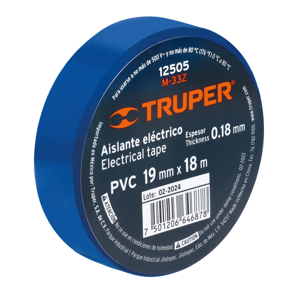 Cinta de aislar de 18 m x 19 mm, azul, Truper - CÓDIGO: 12505