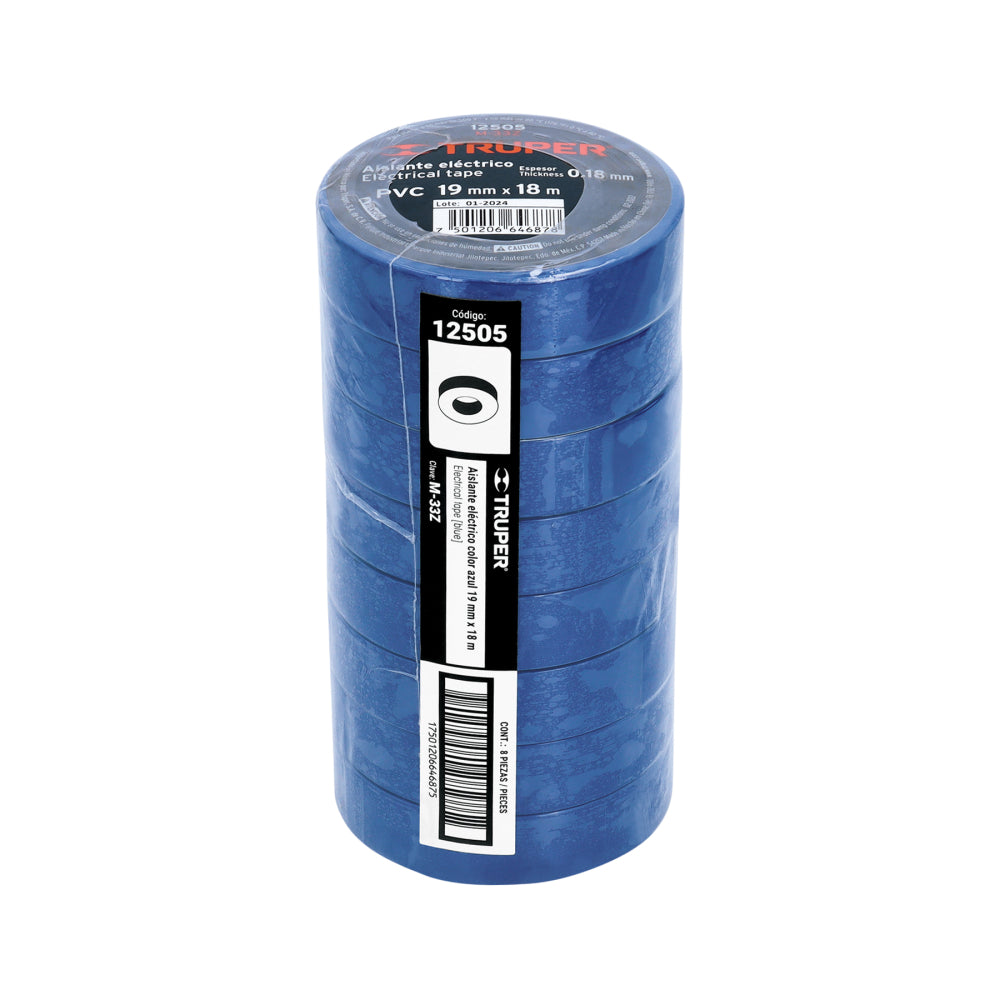 Cinta de aislar de 18 m x 19 mm, azul, Truper - CÓDIGO: 12505