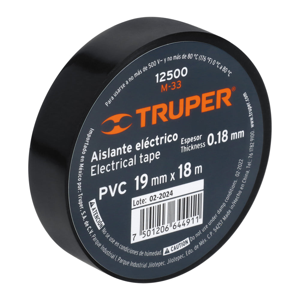 Cinta de aislar de 18 m x 19 mm, negra, Truper - Código: 12500