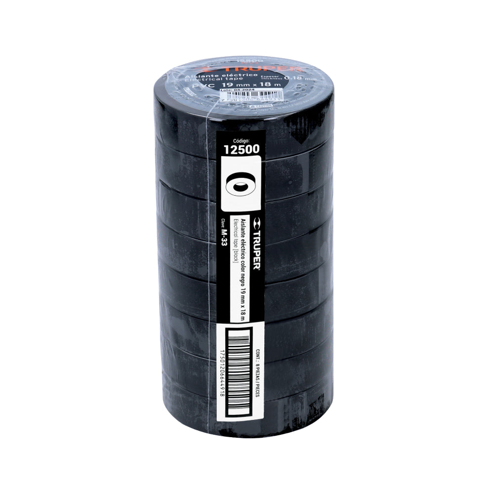 Cinta de aislar de 18 m x 19 mm, negra, Truper - Código: 12500