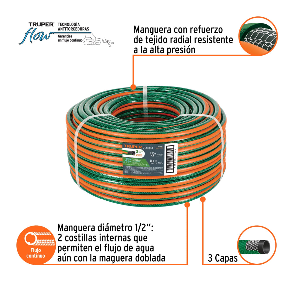 Metro de manguera 1/2" 3 capas en rollo de 100 m, Truper - CÓDIGO: 19857