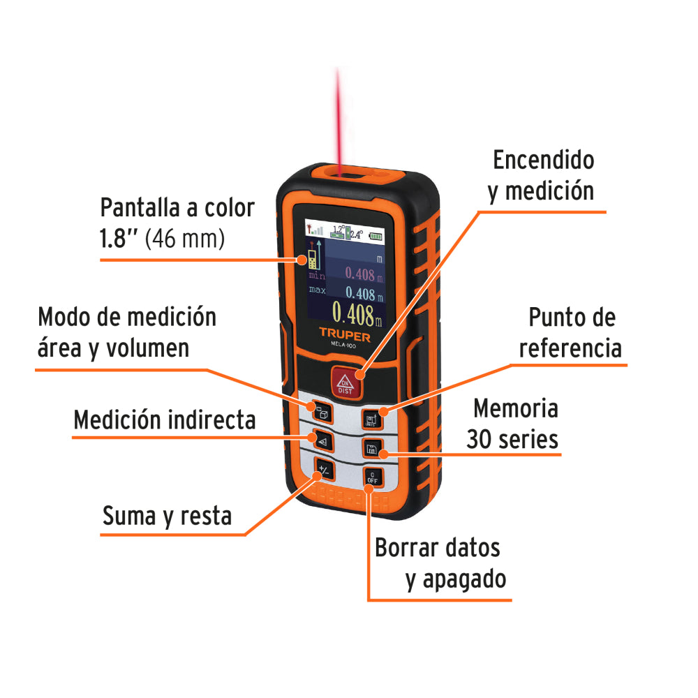 Medidor láser de distancia de 0.05 m a 100 m, Truper - CÓDIGO: 100374