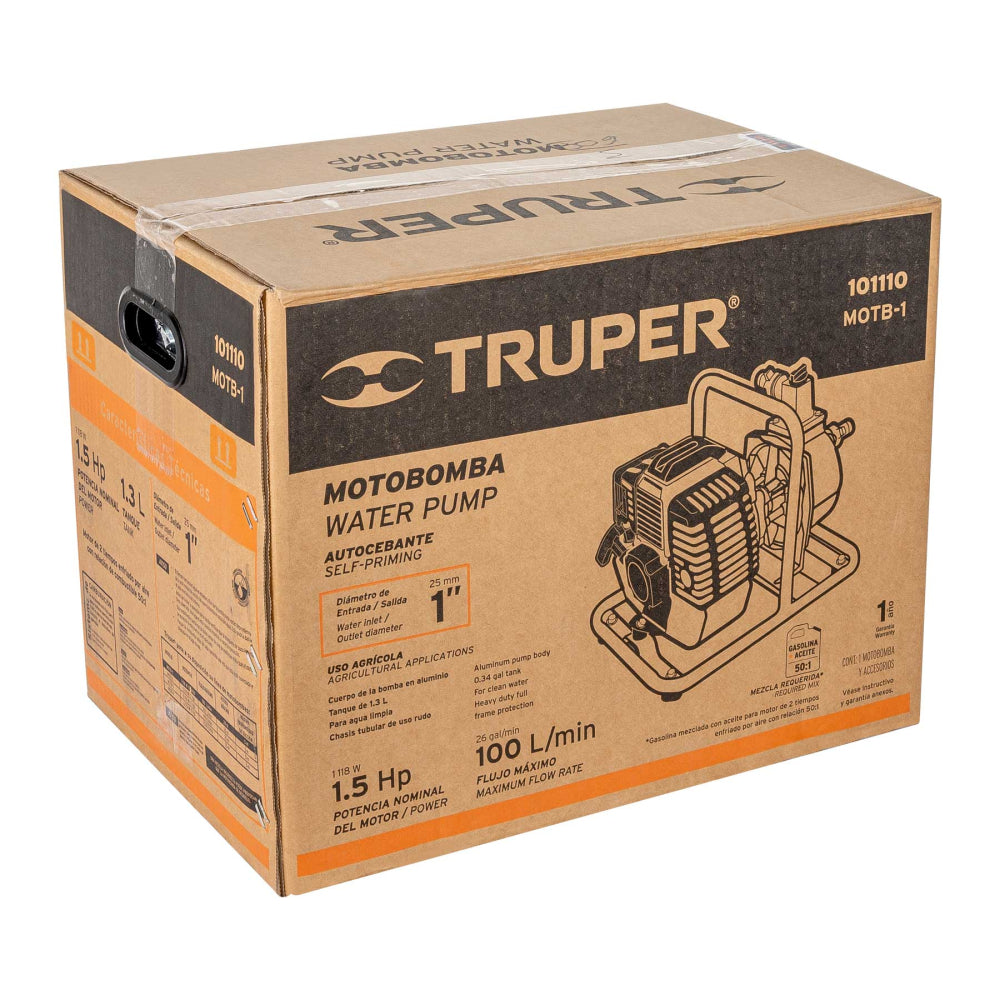 Motobomba autocebante 1"x1", gas. 1-1/2HP, agrícola, TRUPER - Código: 101110