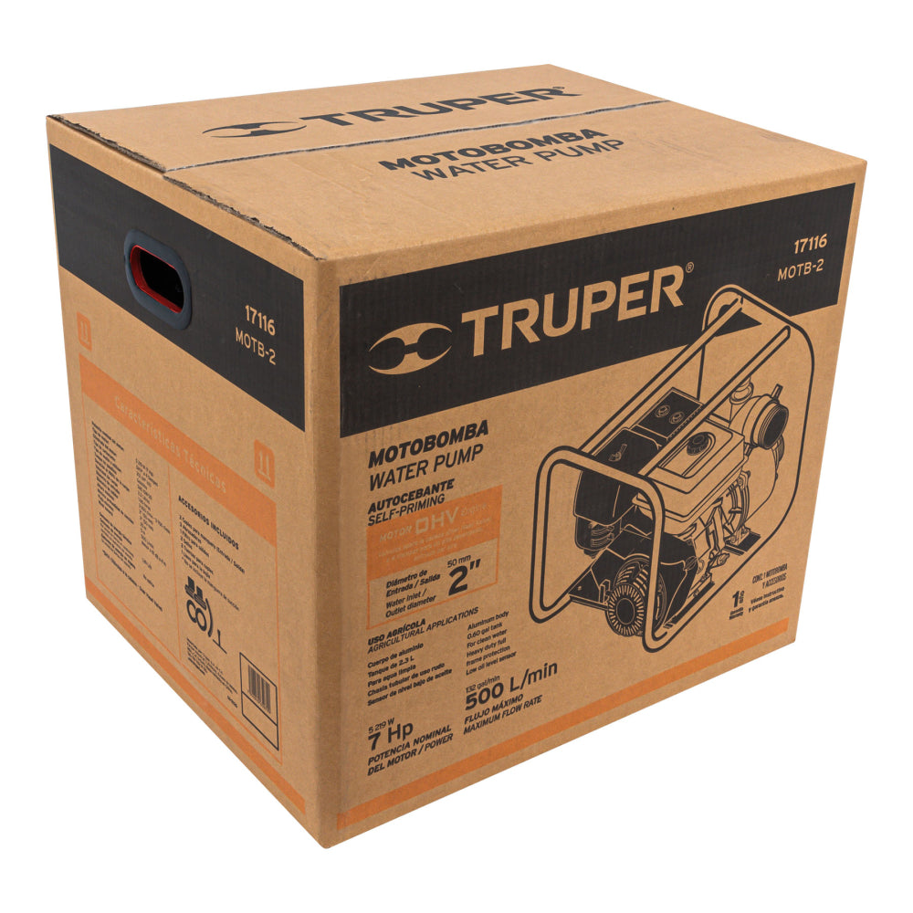 Motobomba autocebante 2"x2", gasolina 7HP, agrícola, TRUPER - Código: 17116