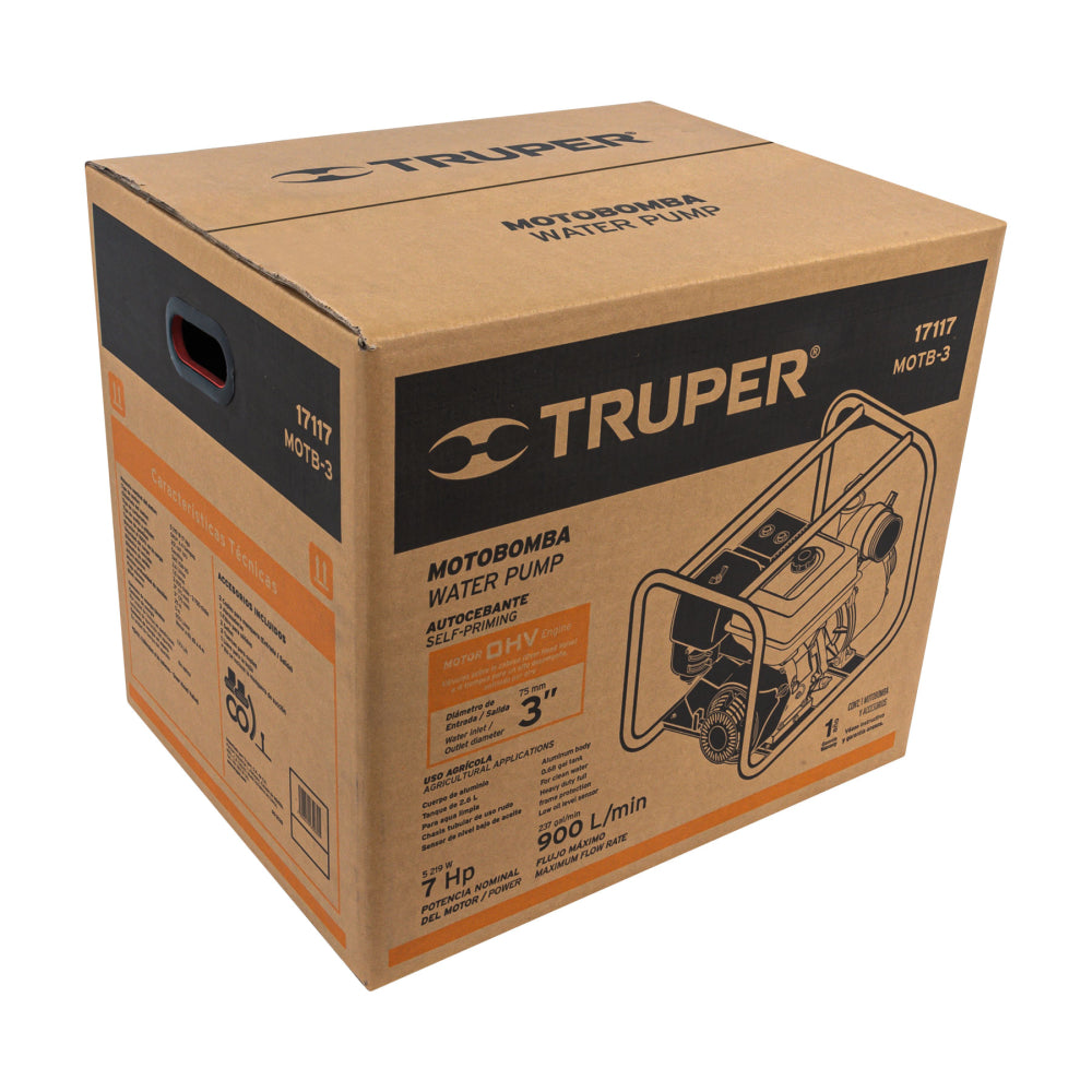 Motobomba autocebante 3"x3", gasolina 7HP, agrícola, TRUPER - Cod: 17117