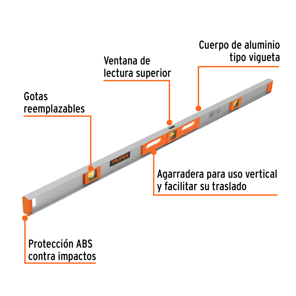 Nivel profesional de 48" con protección de ABS, Truper - Cod: 17040